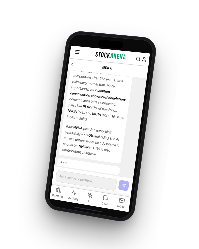 Arena AI chat on a phone — analyzing a student's portfolio in the mentor's voice