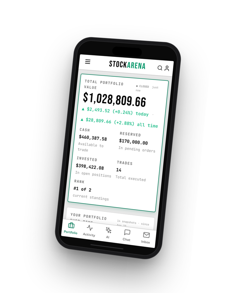 StockArena portfolio view on a phone — total value, cash, invested, and rank